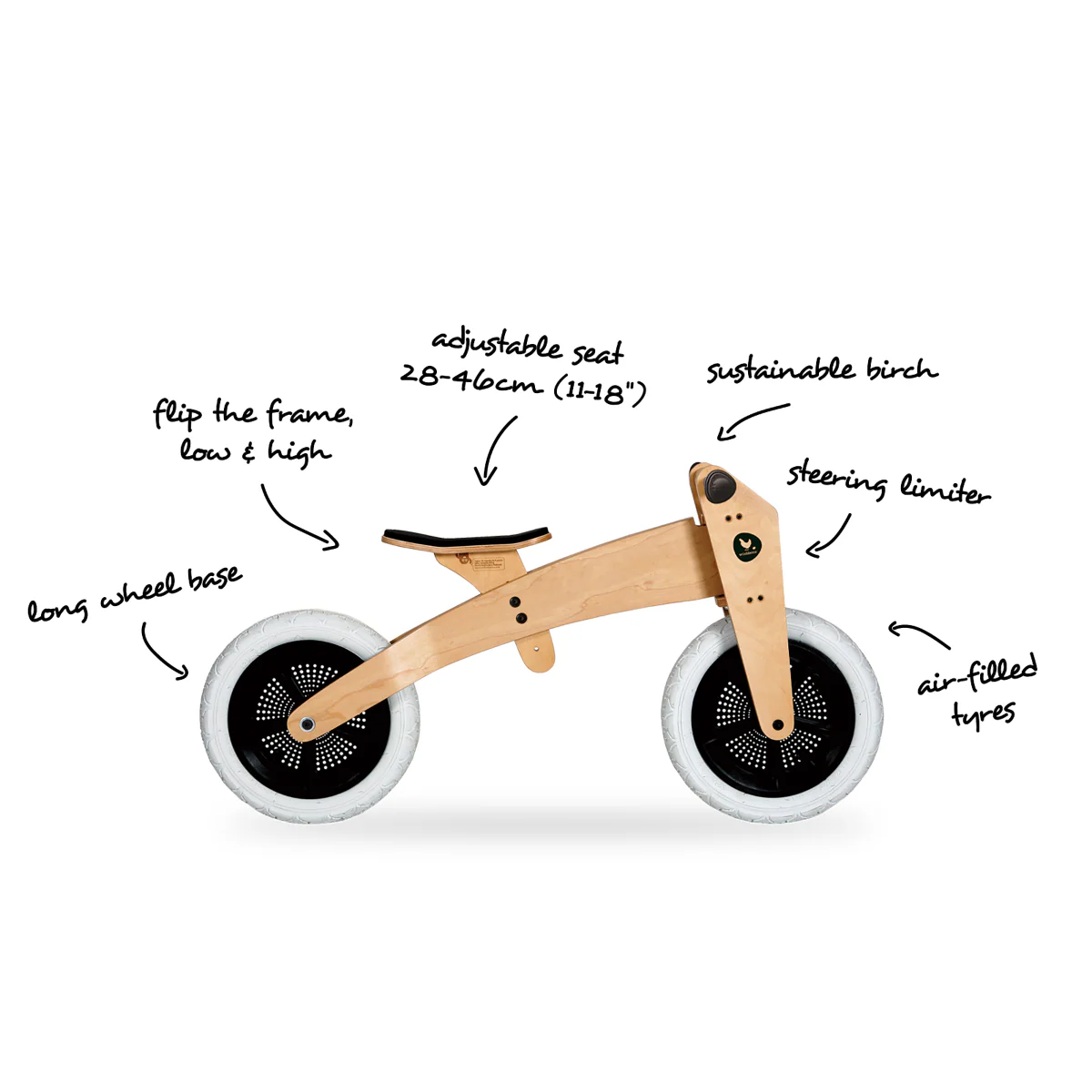 Wishbone Wooden Balance Bike & Tricycle 3 in 1 - Natural Birch - Image 3